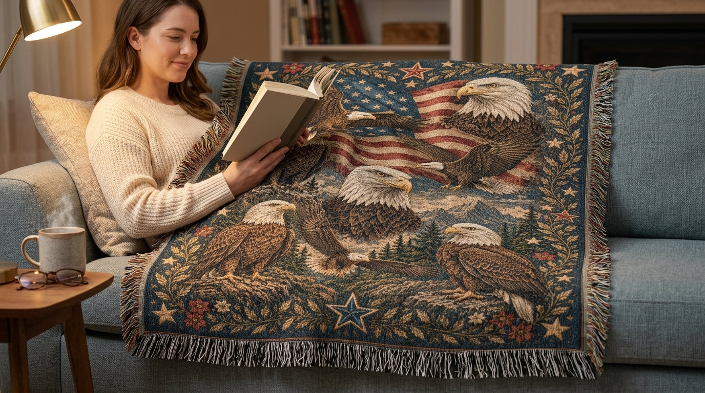 Patriotic Eagle Woven Blanket | American Flag Wildlife Throw Blanket