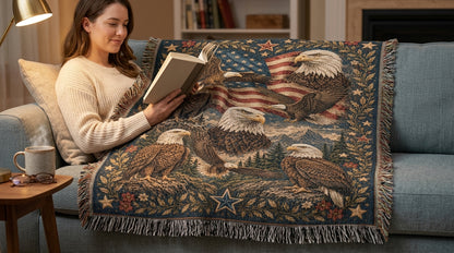 Patriotic Eagle Woven Blanket | American Flag Wildlife Throw Blanket