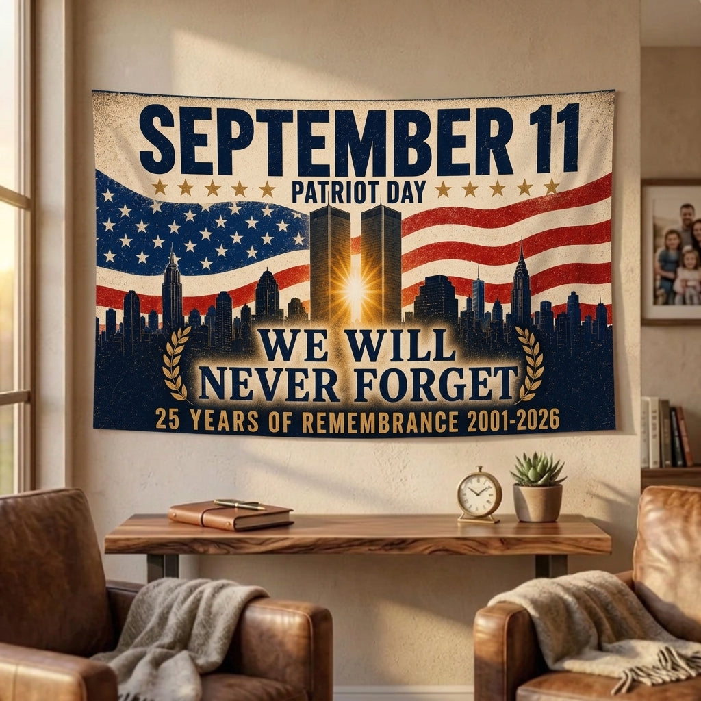 September 11 Patriot Day Flag – We Will Never Forget | 25 Years of Remembrance 2001–2026