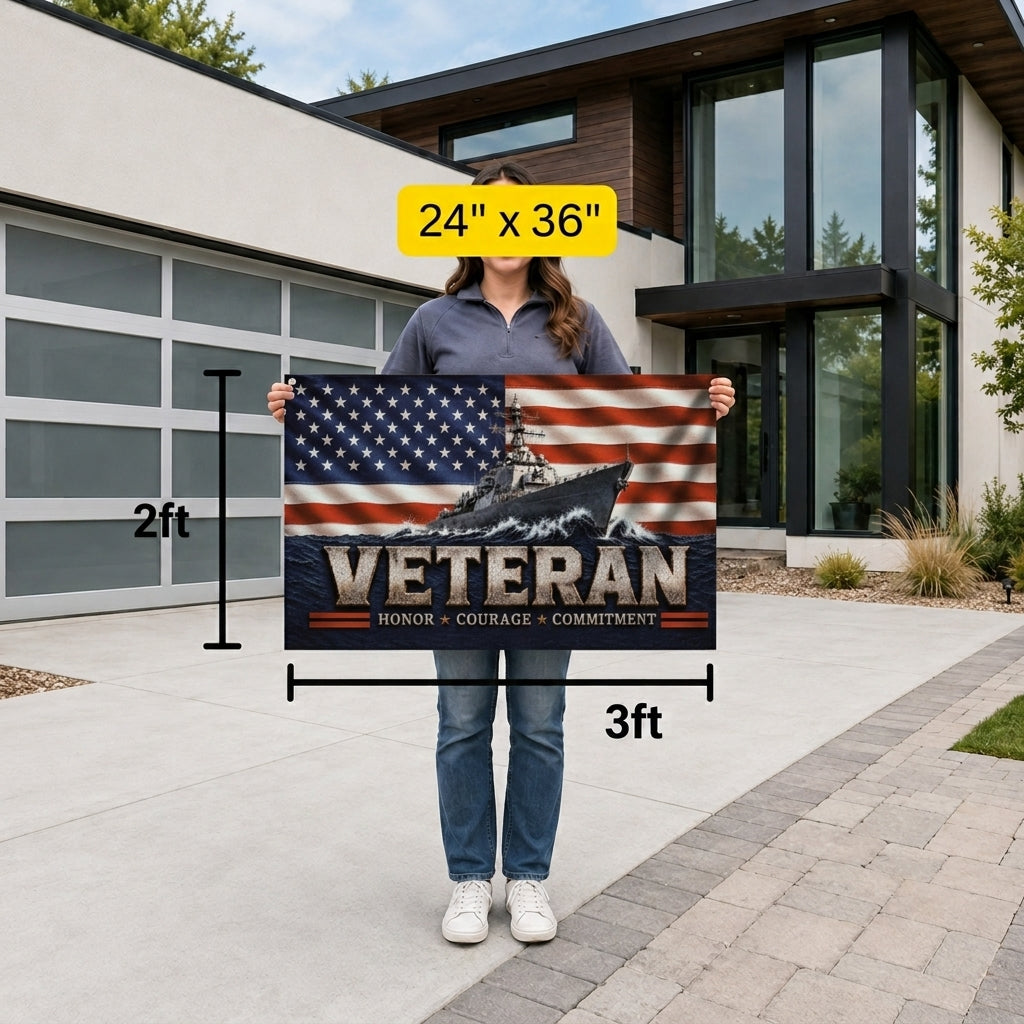Veteran Flag with Navy Ship, Patriotic Military Veteran Gift, Honor Courage Commitment Flag, American Flag Decor