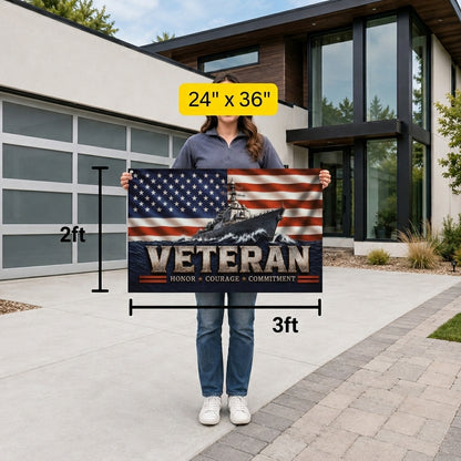 Veteran Flag with Navy Ship, Patriotic Military Veteran Gift, Honor Courage Commitment Flag, American Flag Decor