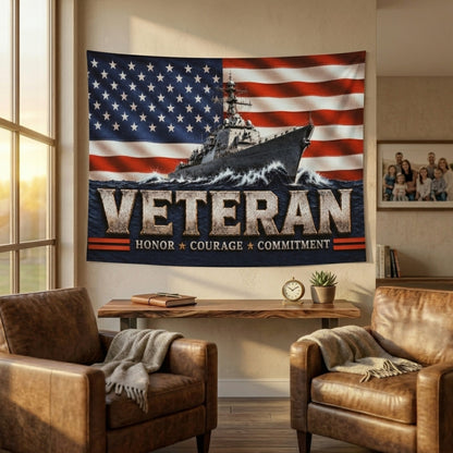 Veteran Flag with Navy Ship, Patriotic Military Veteran Gift, Honor Courage Commitment Flag, American Flag Decor