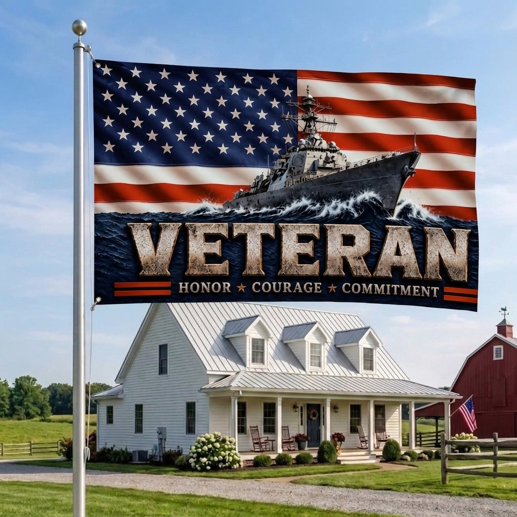 Veteran Flag with Navy Ship, Patriotic Military Veteran Gift, Honor Courage Commitment Flag, American Flag Decor