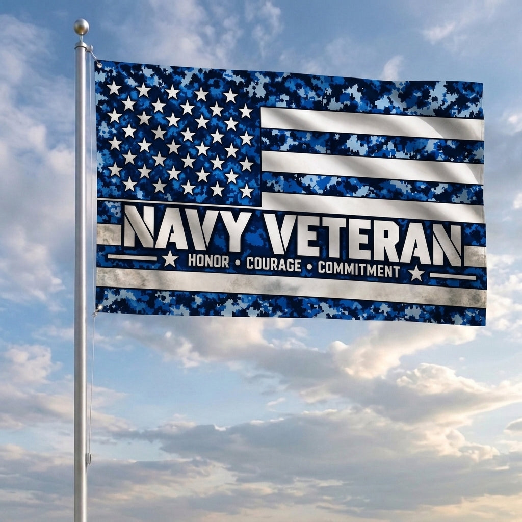 Navy Veteran Honor Courage Commitment Flag – Blue Camo Military Flag