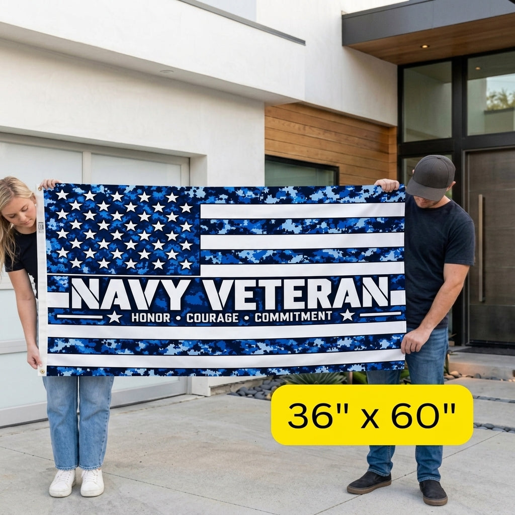 Navy Veteran Honor Courage Commitment Flag – Blue Camo Military Flag