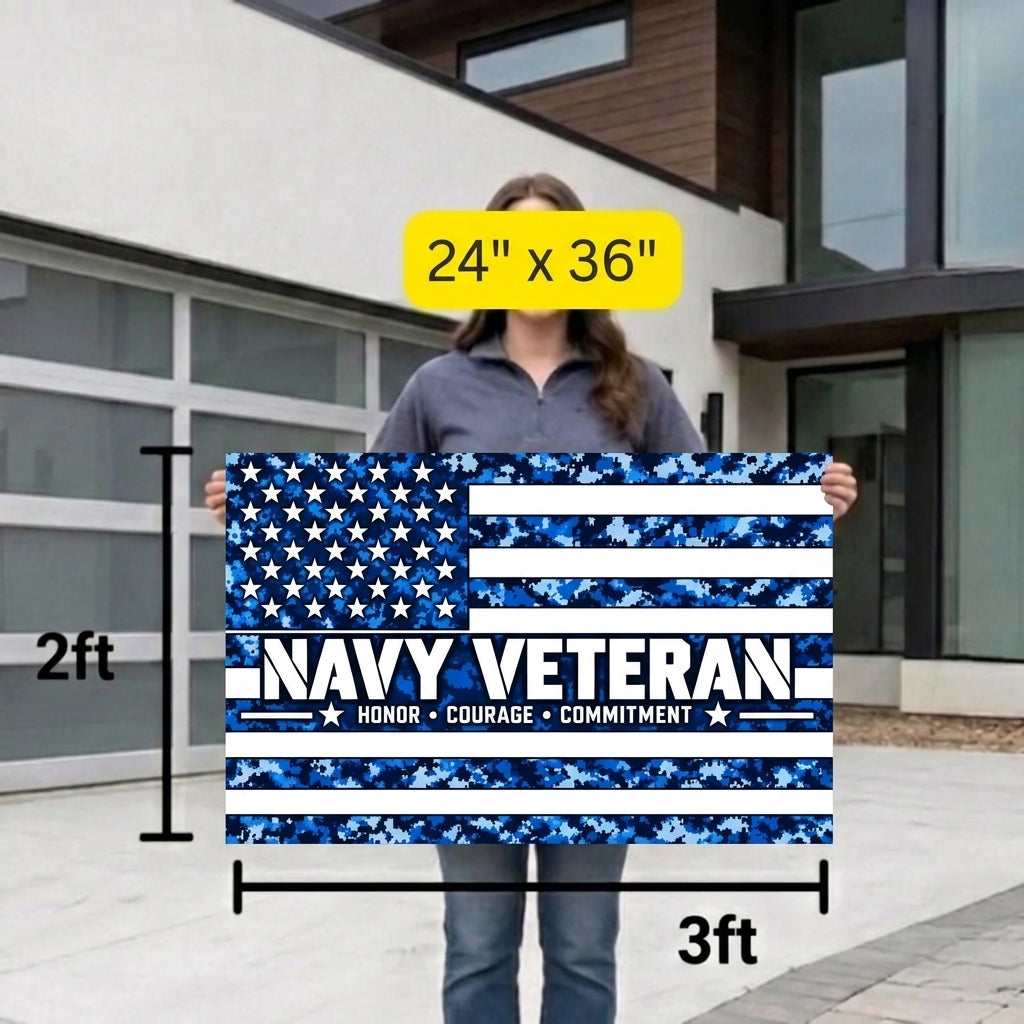 Navy Veteran Honor Courage Commitment Flag – Blue Camo Military Flag