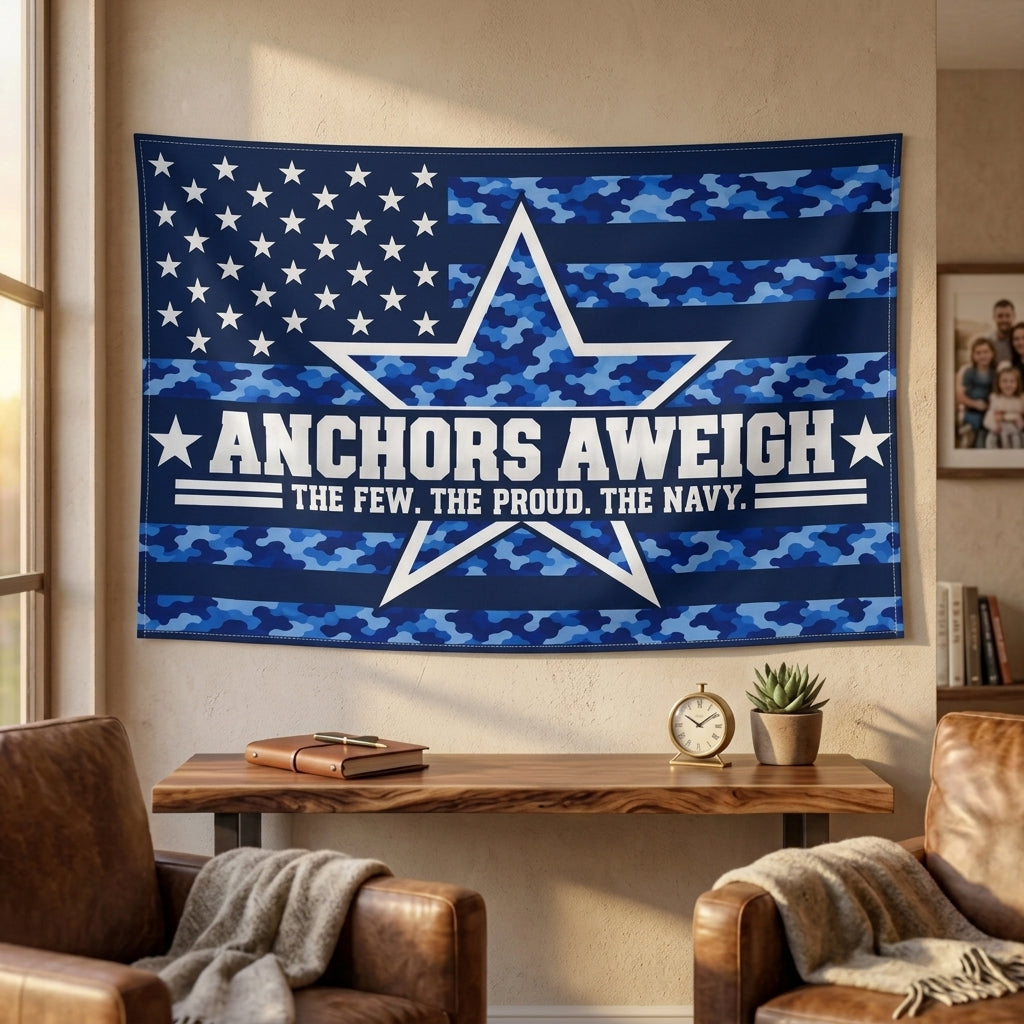 Anchors Aweigh Navy Veteran Flag – Blue Camo Military Flag