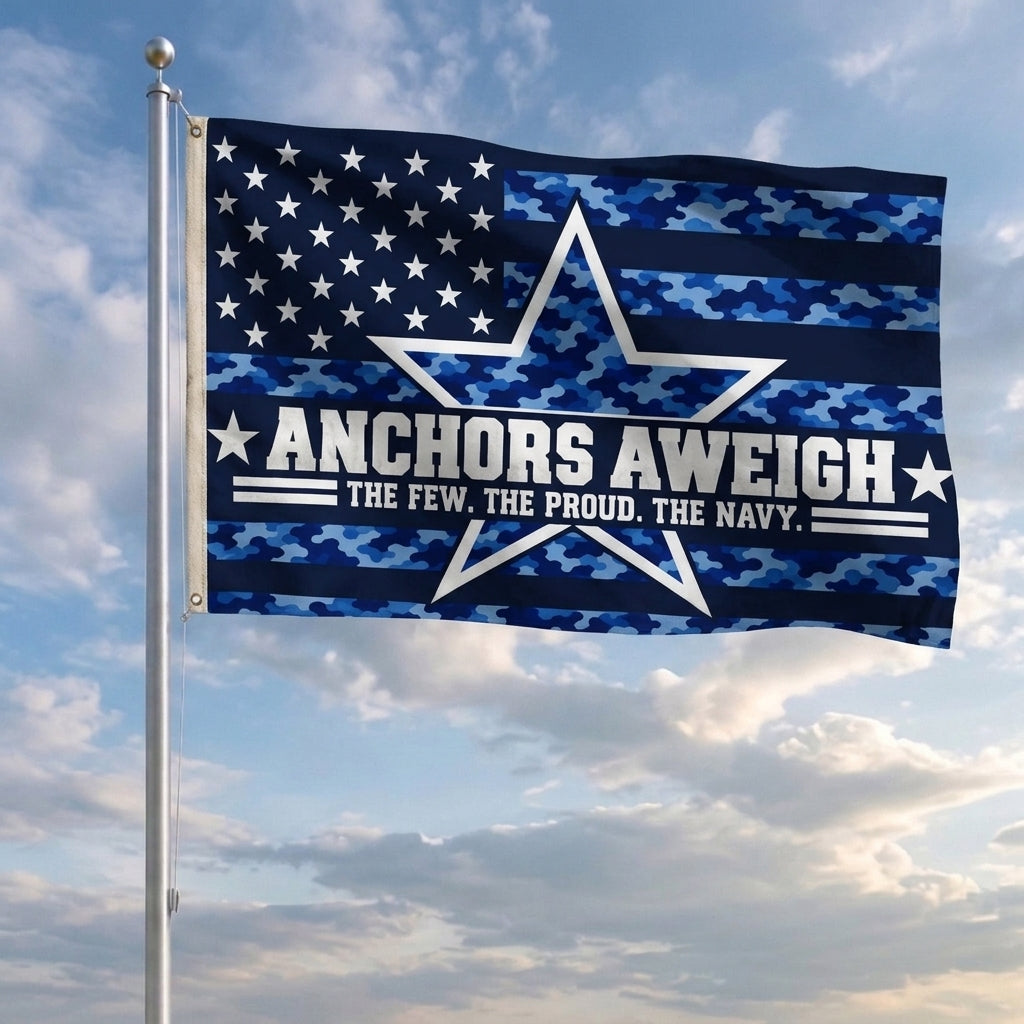 Anchors Aweigh Navy Veteran Flag – Blue Camo Military Flag