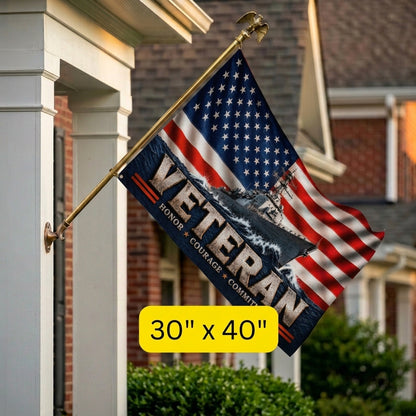 Veteran Flag with Navy Ship, Patriotic Military Veteran Gift, Honor Courage Commitment Flag, American Flag Decor
