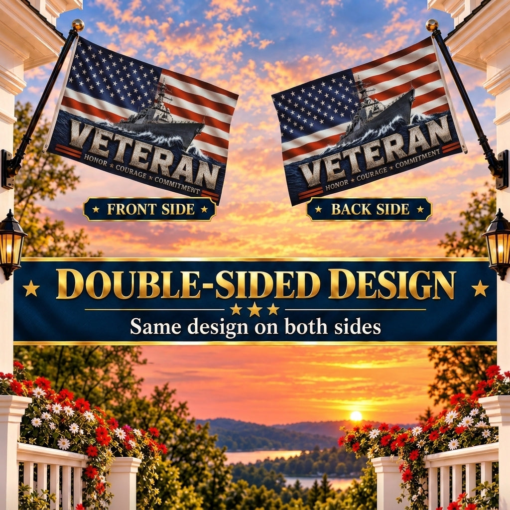 Veteran Flag with Navy Ship, Patriotic Military Veteran Gift, Honor Courage Commitment Flag, American Flag Decor