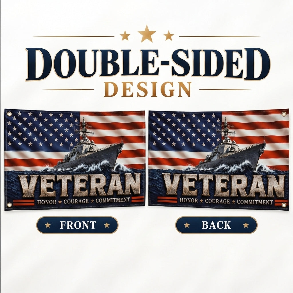 Veteran Flag with Navy Ship, Patriotic Military Veteran Gift, Honor Courage Commitment Flag, American Flag Decor