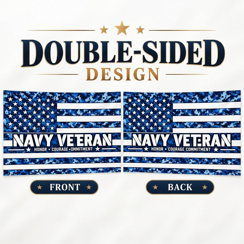 Navy Veteran Honor Courage Commitment Flag – Blue Camo Military Flag