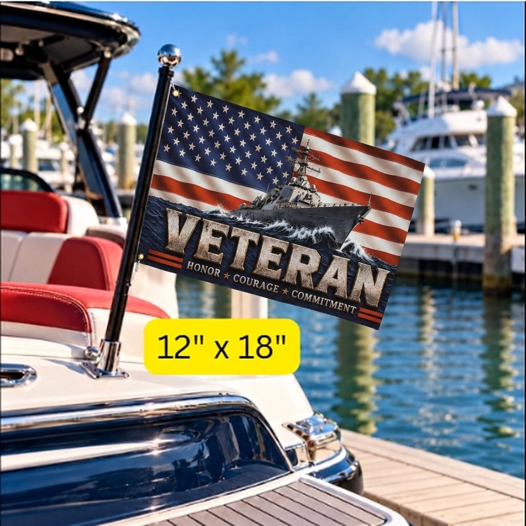 Veteran Flag with Navy Ship, Patriotic Military Veteran Gift, Honor Courage Commitment Flag, American Flag Decor