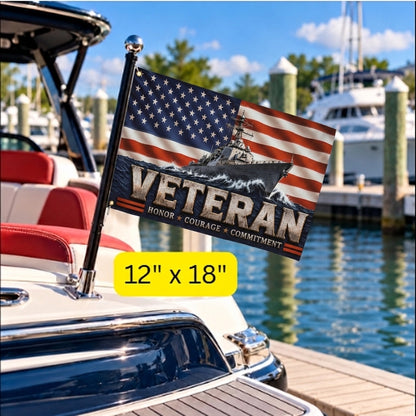 Veteran Flag with Navy Ship, Patriotic Military Veteran Gift, Honor Courage Commitment Flag, American Flag Decor