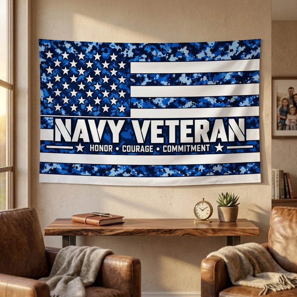 Navy Veteran Honor Courage Commitment Flag – Blue Camo Military Flag