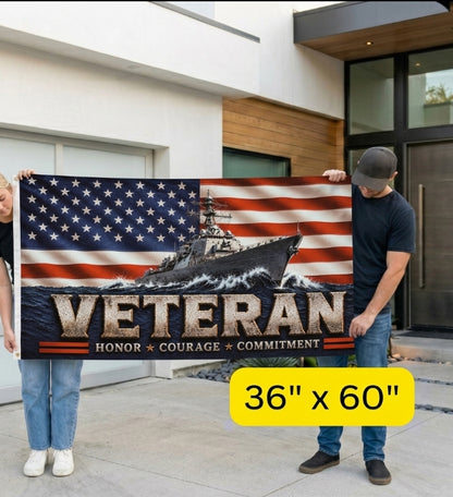 Veteran Flag with Navy Ship, Patriotic Military Veteran Gift, Honor Courage Commitment Flag, American Flag Decor