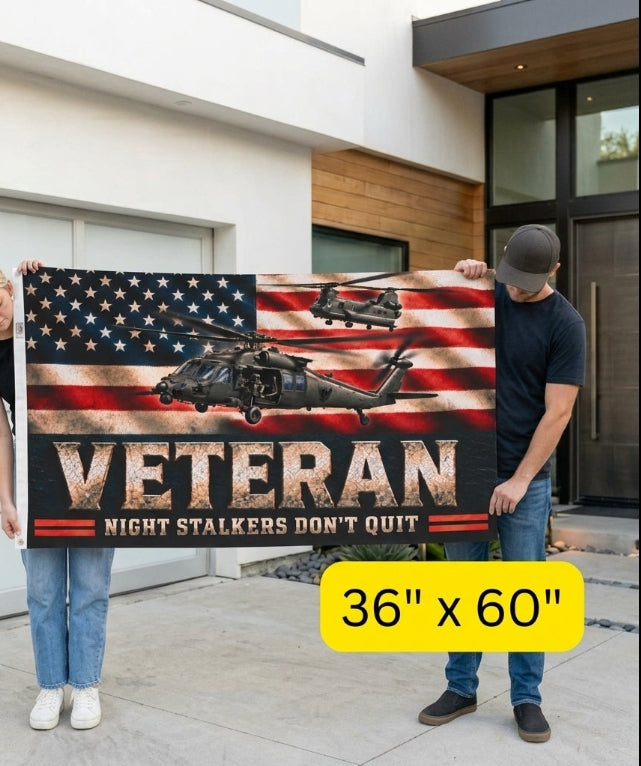 Night Stalkers Veteran Flag – Military Helicopter Patriotic Flag – “Night Stalkers Don’t Quit” Veteran Gift
