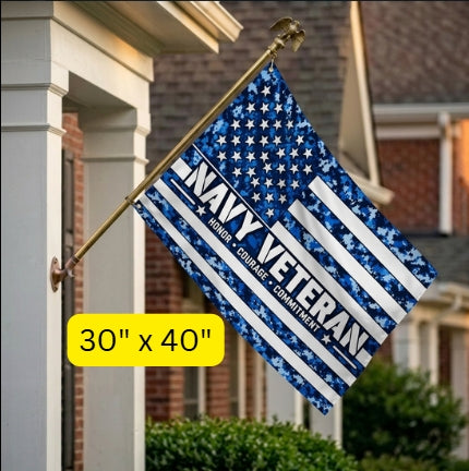 Navy Veteran Honor Courage Commitment Flag – Blue Camo Military Flag