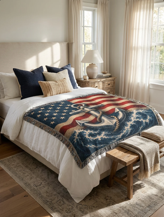 Patriotic Anchor Woven Blanket | Navy-Inspired Nautical Gift