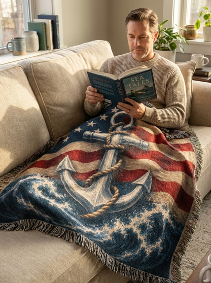 Patriotic Anchor Woven Blanket | Navy-Inspired Nautical Gift