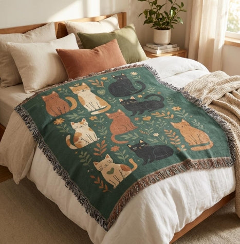 Vintage Style Cat Woven Blanket – 100% Cotton Tapestry Throw with Fringe