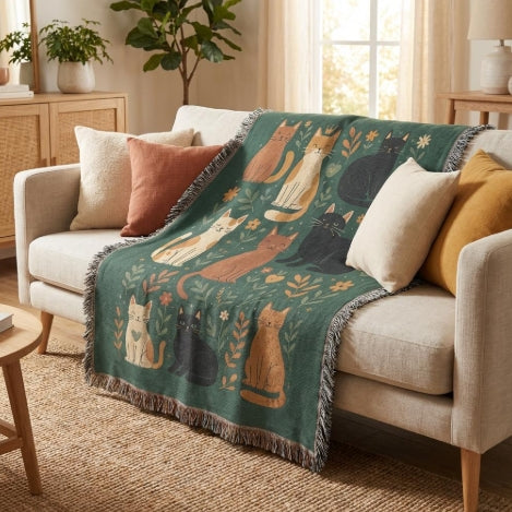 Vintage Style Cat Woven Blanket – 100% Cotton Tapestry Throw with Fringe