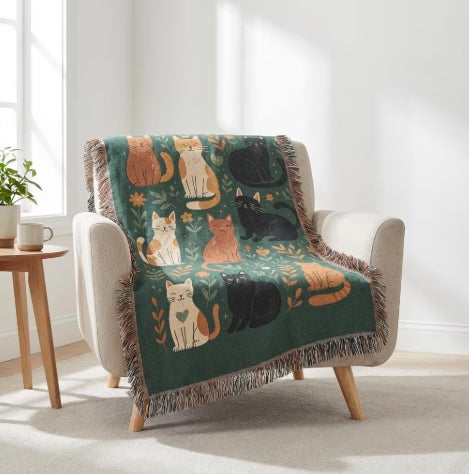 Vintage Style Cat Woven Blanket – 100% Cotton Tapestry Throw with Fringe