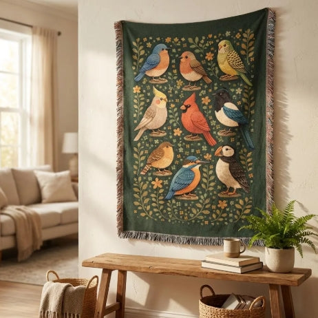 Bird Watcher’s Gift – Woven Songbird Blanket for Home Decor & Wall Tapestry