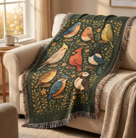 Bird Watcher’s Gift – Woven Songbird Blanket for Home Decor & Wall Tapestry