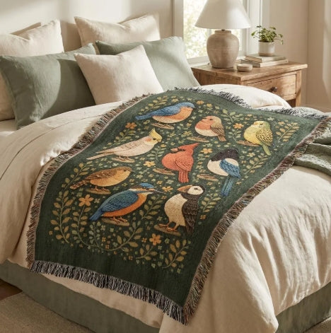 Bird Watcher’s Gift – Woven Songbird Blanket for Home Decor & Wall Tapestry
