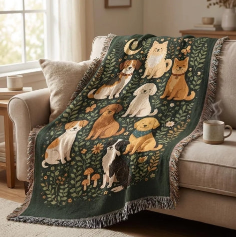 Retro Dog Lover Woven Throw – Antique Style Heirloom Blanket for Home Decor