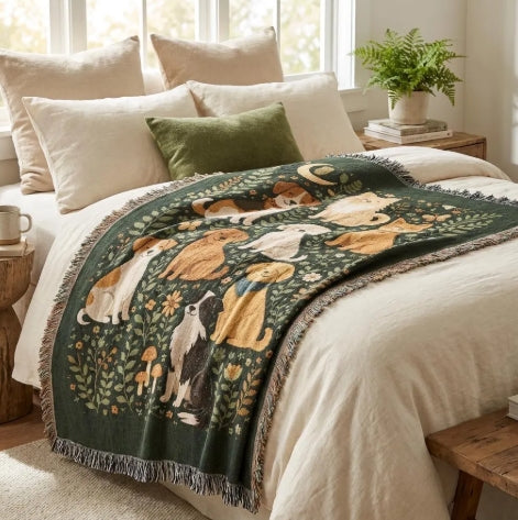 Retro Dog Lover Woven Throw – Antique Style Heirloom Blanket for Home Decor