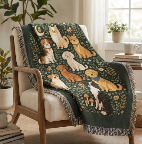 Retro Dog Lover Woven Throw – Antique Style Heirloom Blanket for Home Decor