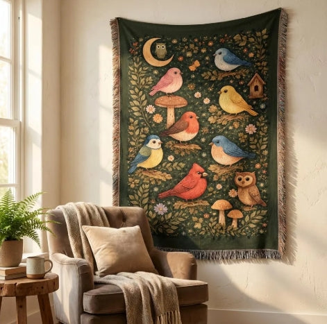 Bird Vintage Heirloom Woven Blanket – 100% Cotton Botanical Tapestry Throw