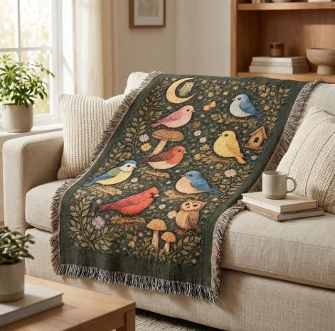 Bird Vintage Heirloom Woven Blanket – 100% Cotton Botanical Tapestry Throw