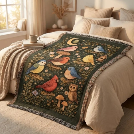 Bird Vintage Heirloom Woven Blanket – 100% Cotton Botanical Tapestry Throw