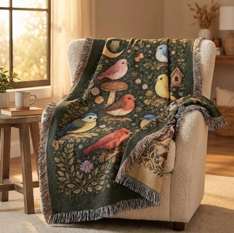 Bird Vintage Heirloom Woven Blanket – 100% Cotton Botanical Tapestry Throw