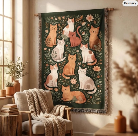 Gallery Edition Cat Woven Blanket – Luxury Cotton Tapestry for Home & Wall