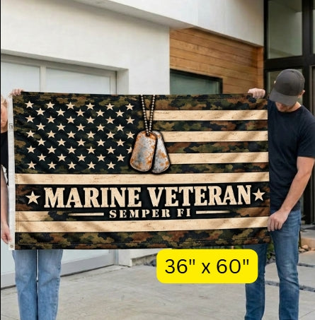 Marine Veteran Semper Fi Camouflage Flag with Dog Tags – Military Gift