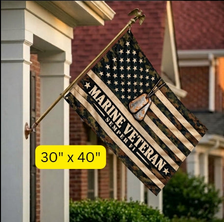 Marine Veteran Semper Fi Camouflage Flag with Dog Tags – Military Gift