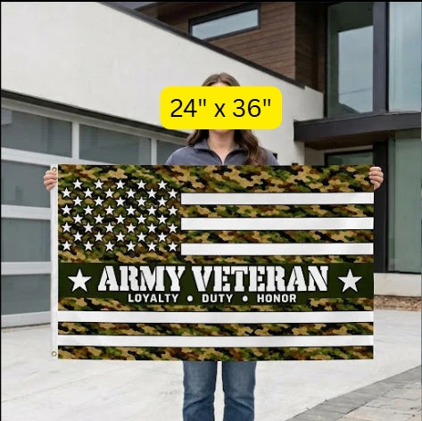 Army Veteran Flag – Camouflage Military Flag | Loyalty Duty Honor