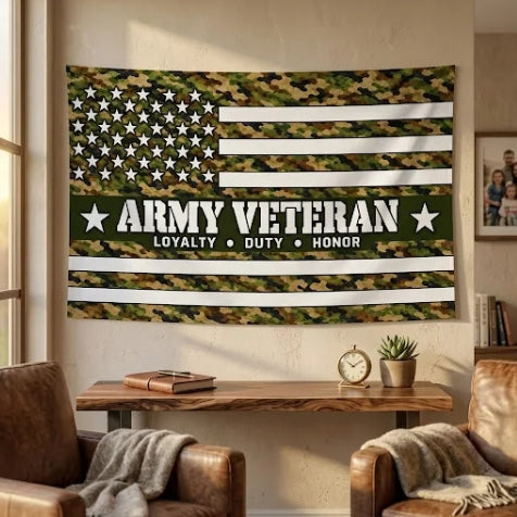 Army Veteran Flag – Camouflage Military Flag | Loyalty Duty Honor