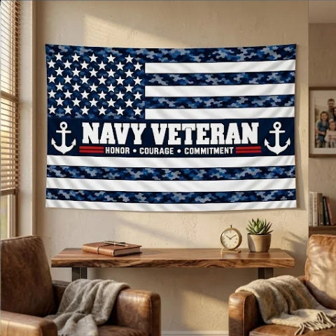 Navy Veteran Flag – Blue Camo Military Flag | Honor Courage Commitment
