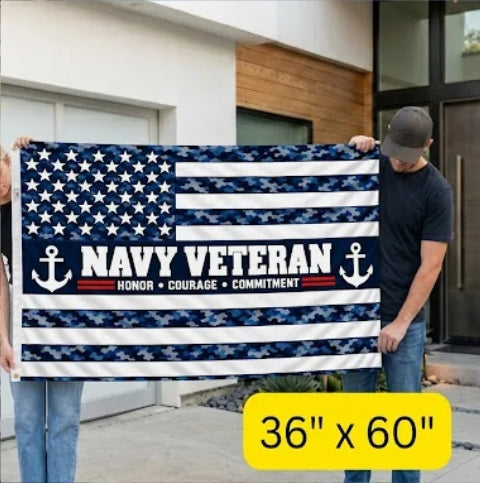 Navy Veteran Flag – Blue Camo Military Flag | Honor Courage Commitment
