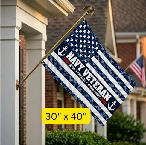 Navy Veteran Flag – Blue Camo Military Flag | Honor Courage Commitment