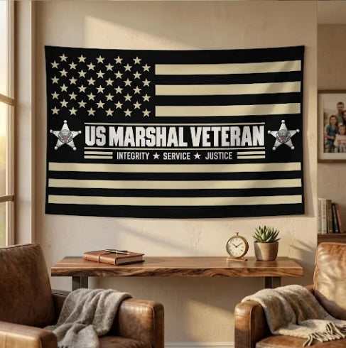 US Marshal Veteran Flag – Black & Gold Federal Law Enforcement Flag | Integrity Service Justice