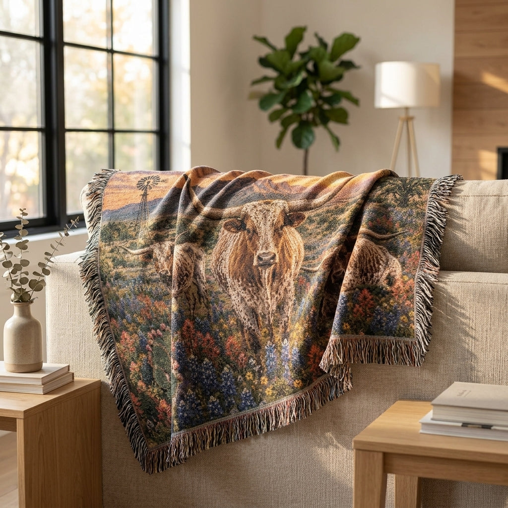 Texas Longhorn Woven Blanket – Western Sunset Throw, Bluebonnet Ranch Decor