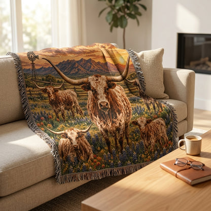Texas Longhorn Family Woven Blanket – Western Bluebonnet Ranch Throw