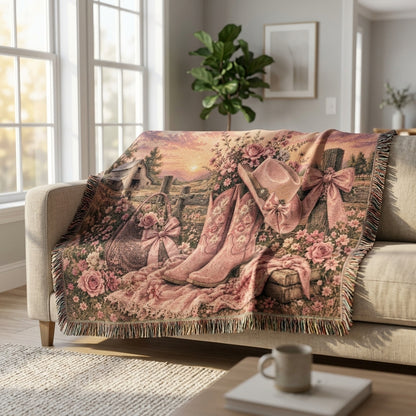 Pink Cowgirl Woven Blanket – Western Floral Throw, Cowboy Boots & Hat Farmhouse Decor