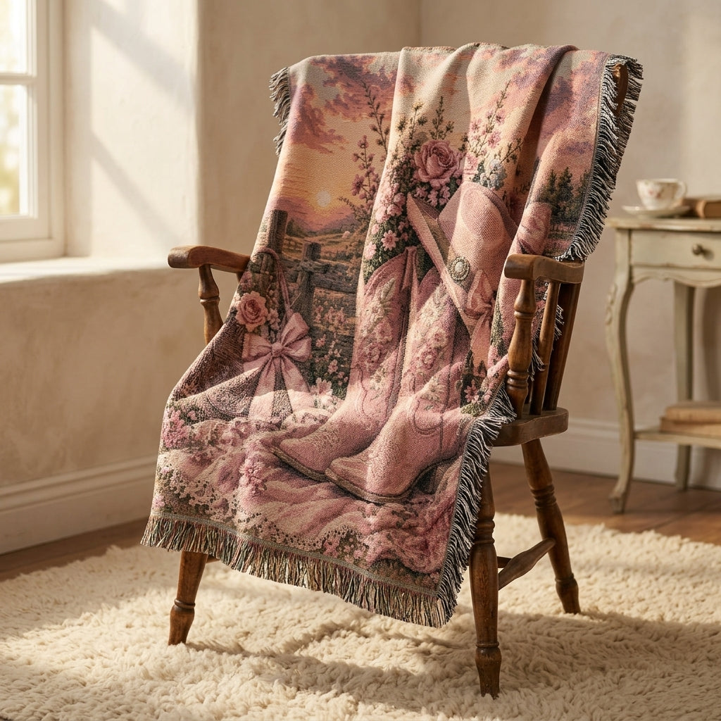 Pink Cowgirl Woven Blanket – Western Floral Throw, Cowboy Boots & Hat Farmhouse Decor